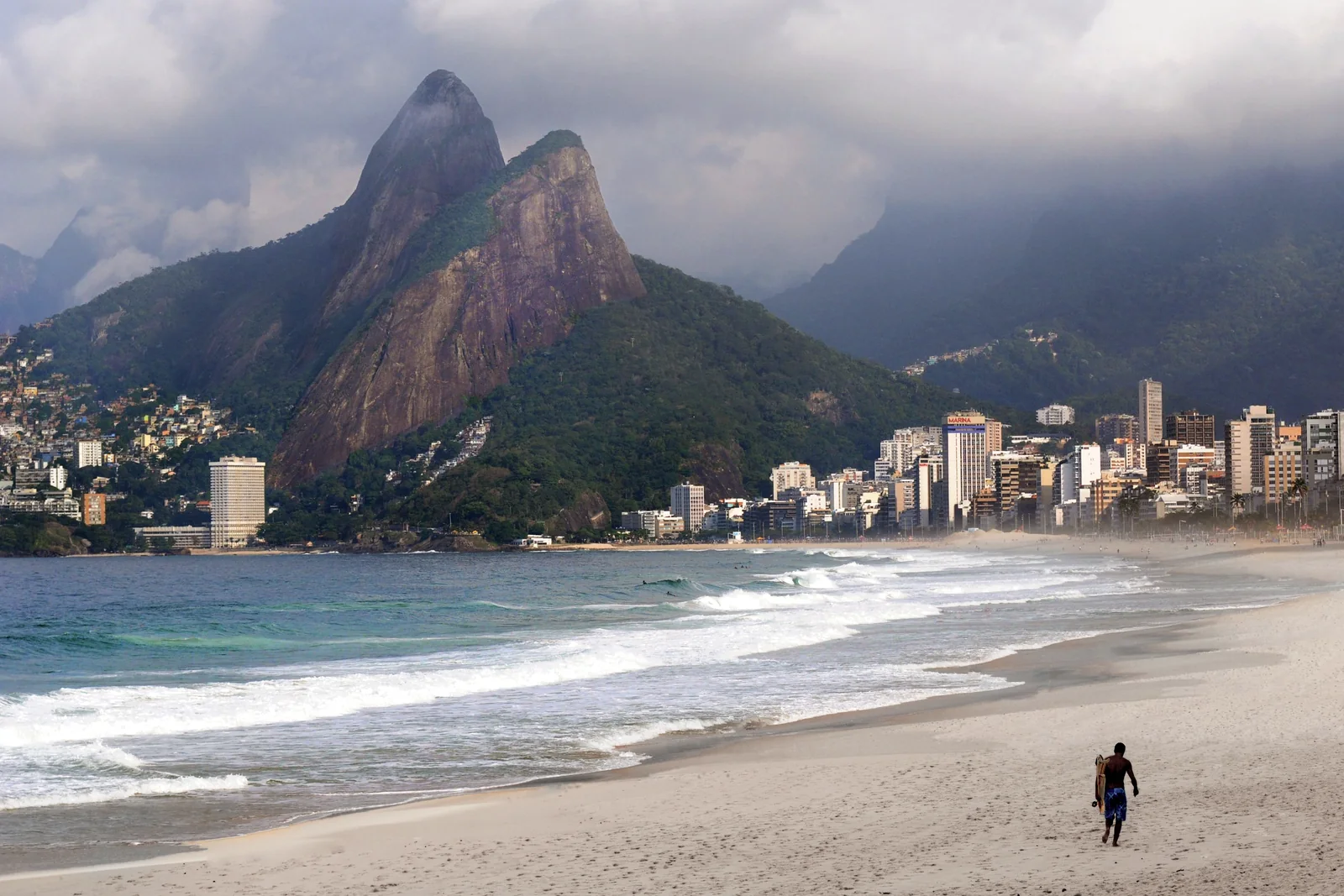 Orla de Ipanema com o Morro Dois Irmãos e a cidade ao fundo.