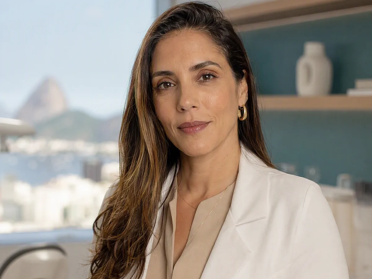 Retrato gerado da personagem fictícia Dra. Helena Avelar em um ambiente clínico contemporâneo.